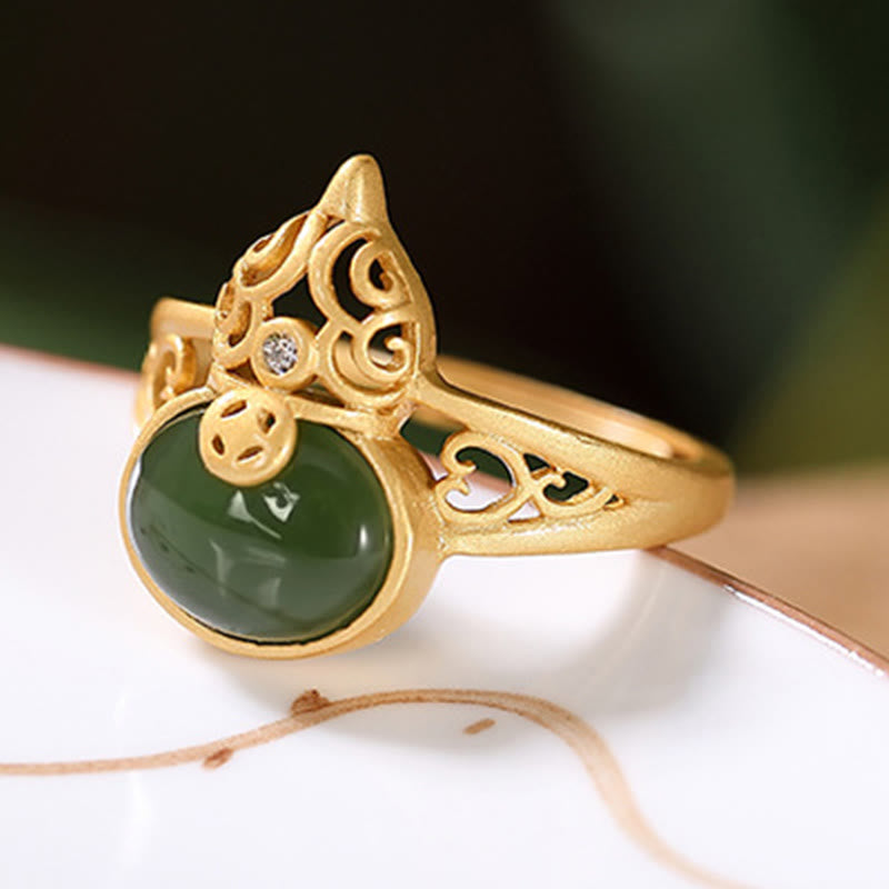 Adjustable Cyan Jade Success & Luck Ring with Copper Coin