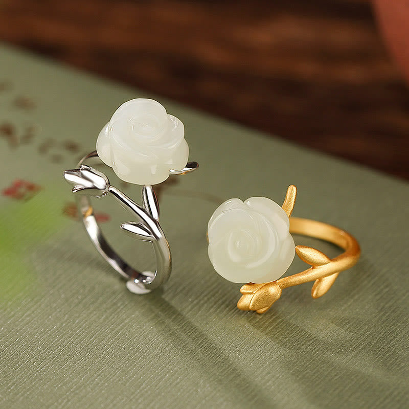 Adjustable Gold Plated 925 Silver White Jade Flower Ring