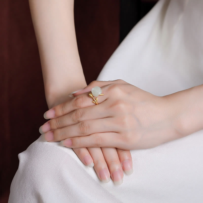 Adjustable Gold Plated 925 Silver White Jade Flower Ring