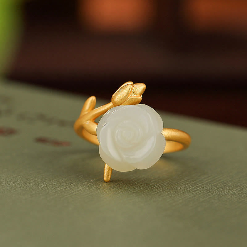 Adjustable Gold Plated 925 Silver White Jade Flower Ring