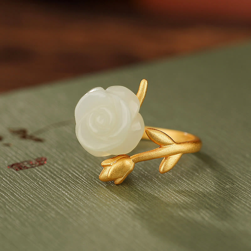 Adjustable Gold Plated 925 Silver White Jade Flower Ring