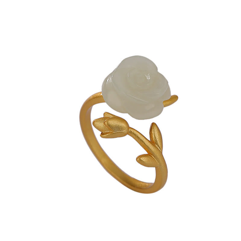 Adjustable Gold Plated 925 Silver White Jade Flower Ring