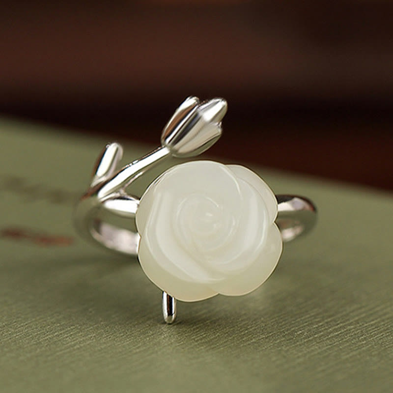 Adjustable Gold Plated 925 Silver White Jade Flower Ring