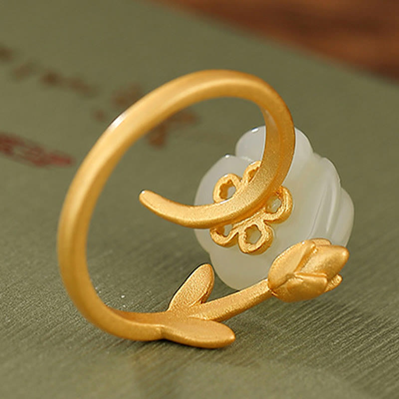 Adjustable Gold Plated 925 Silver White Jade Flower Ring