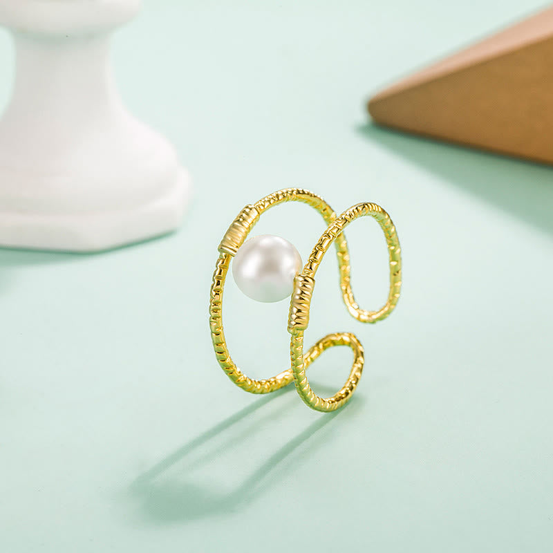 Adjustable Jade and Pearl Bead Double Layer Copper Luck Ring