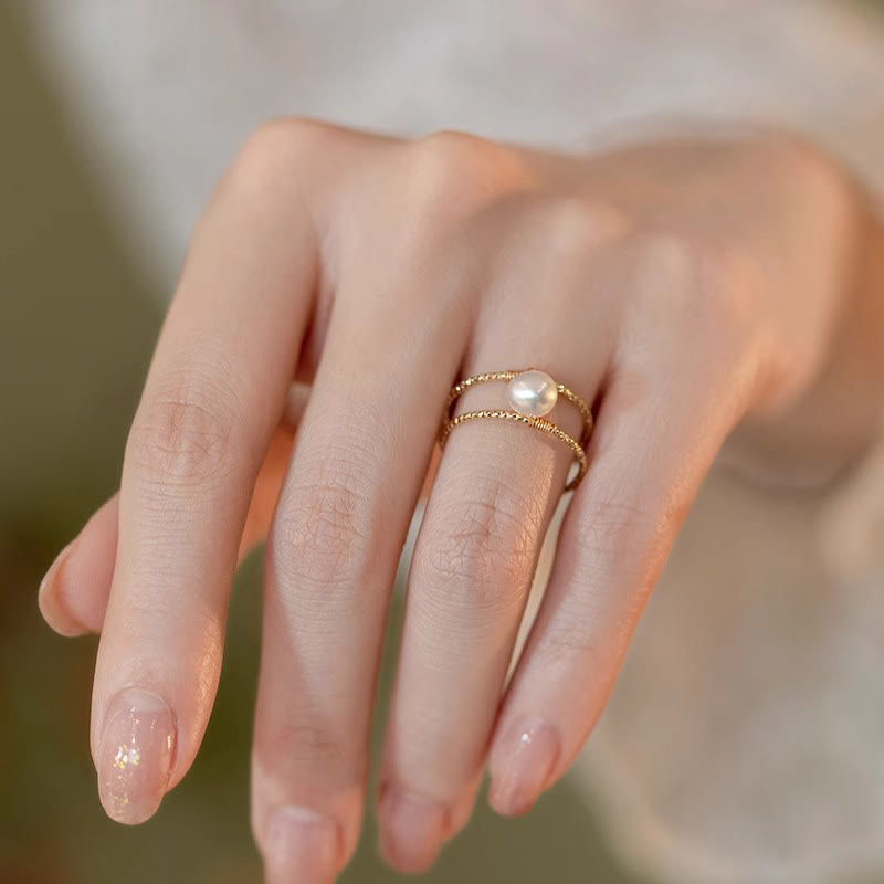 Adjustable Jade and Pearl Bead Double Layer Copper Luck Ring