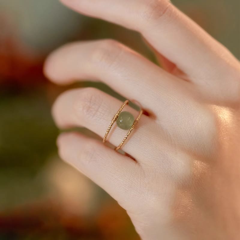 Adjustable Jade and Pearl Bead Double Layer Copper Luck Ring