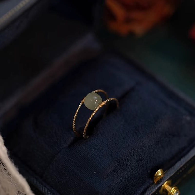 Adjustable Jade and Pearl Bead Double Layer Copper Luck Ring