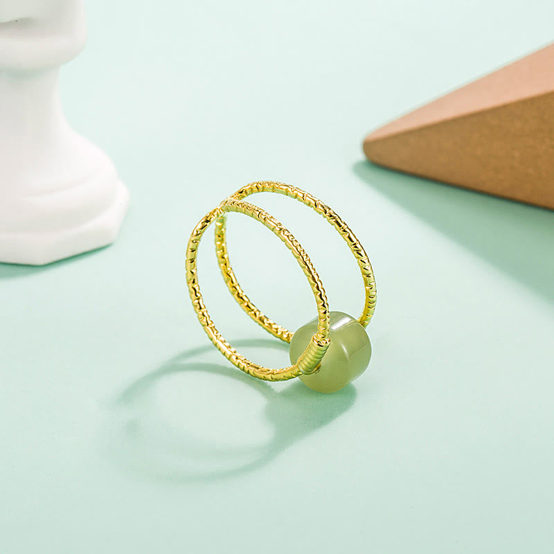 Adjustable Jade and Pearl Bead Double Layer Copper Luck Ring