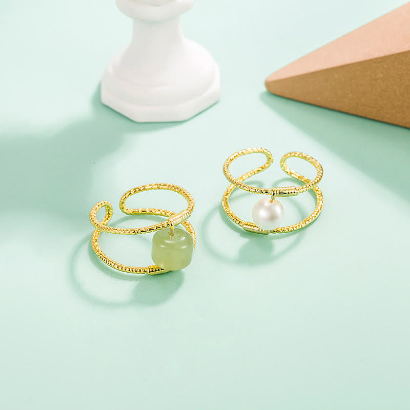 Adjustable Jade and Pearl Bead Double Layer Copper Luck Ring