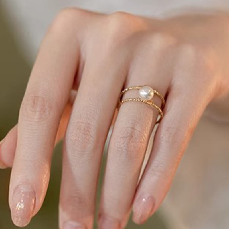 Adjustable Jade and Pearl Bead Double Layer Copper Luck Ring