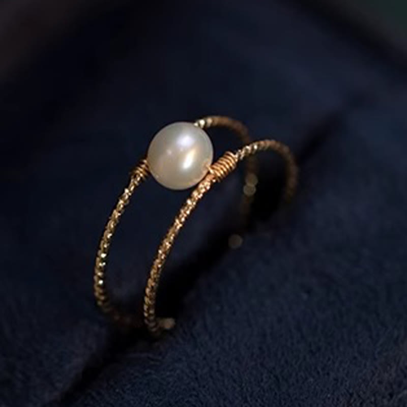 Adjustable Jade and Pearl Bead Double Layer Copper Luck Ring