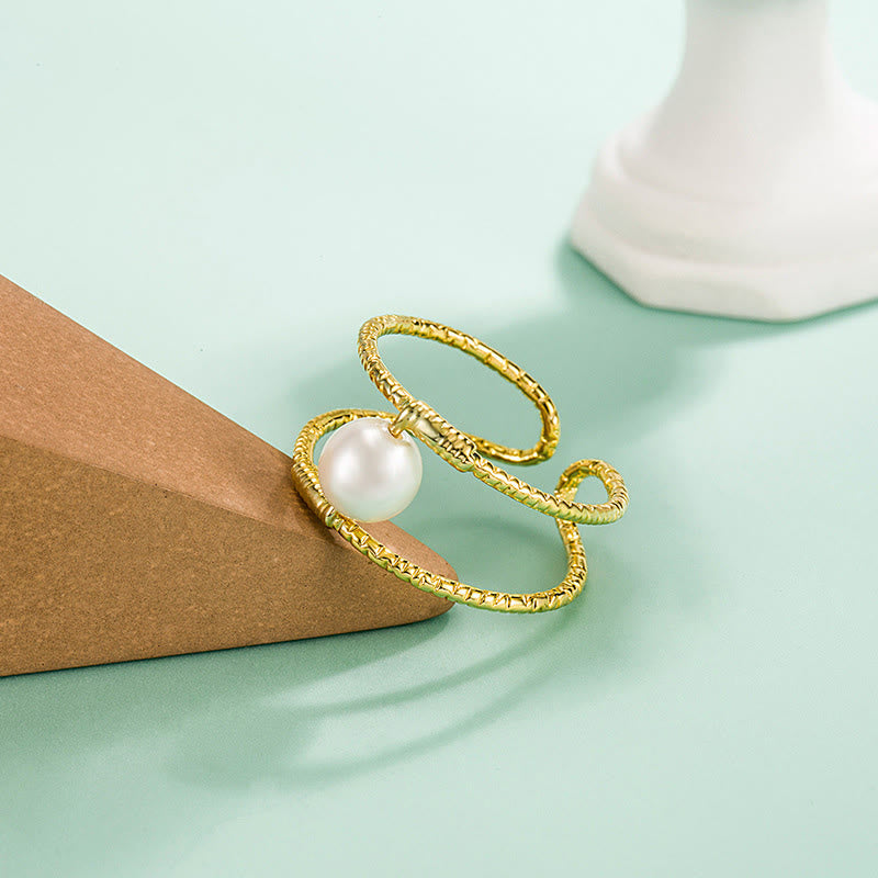 Adjustable Jade and Pearl Bead Double Layer Copper Luck Ring