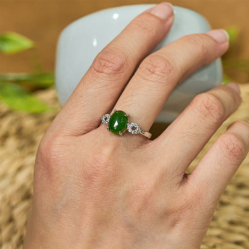 Adjustable Jade Prosperity Ring 8x10mm with Buckle, Gold or Silver