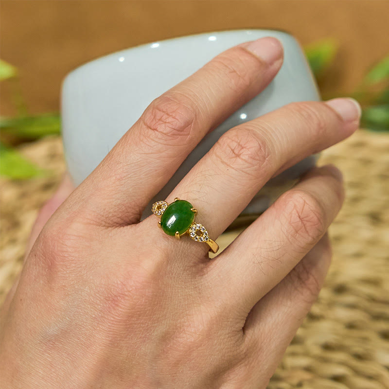 Adjustable Jade Prosperity Ring 8x10mm with Buckle, Gold or Silver