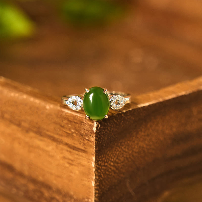 Adjustable Jade Prosperity Ring 8x10mm with Buckle, Gold or Silver