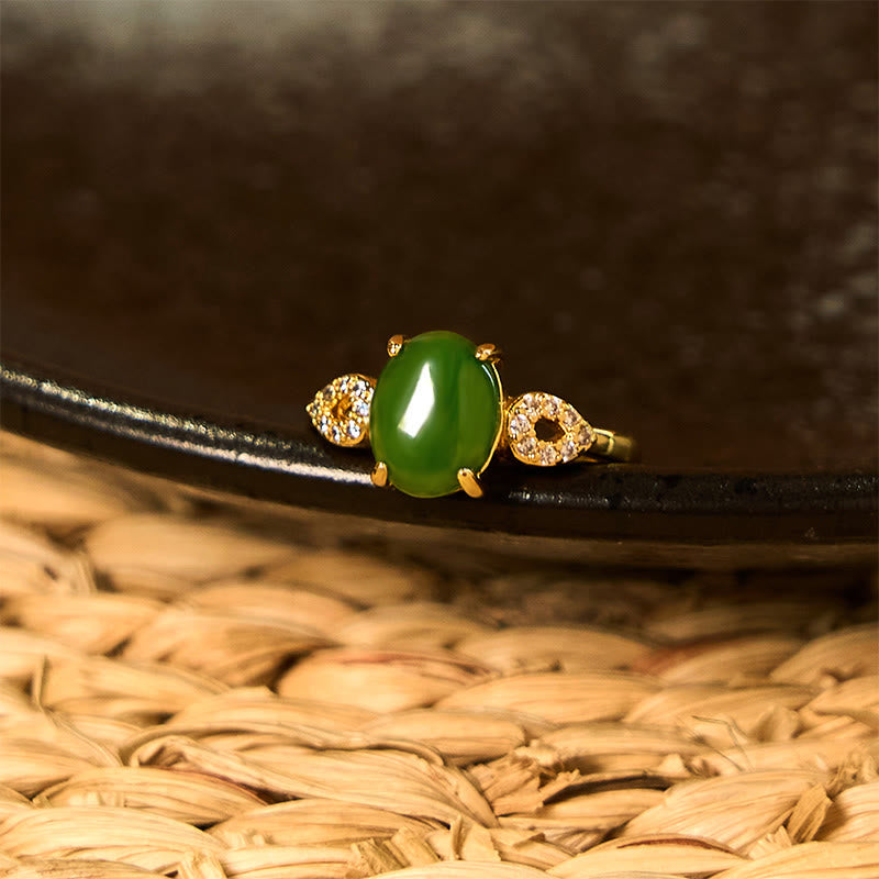 Adjustable Jade Prosperity Ring 8x10mm with Buckle, Gold or Silver