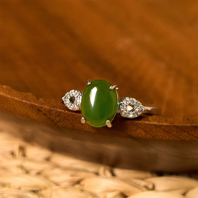 Adjustable Jade Prosperity Ring 8x10mm with Buckle, Gold or Silver