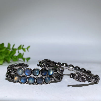 Adjustable Labradorite Crystal Healing Bangle with Dragon Motif