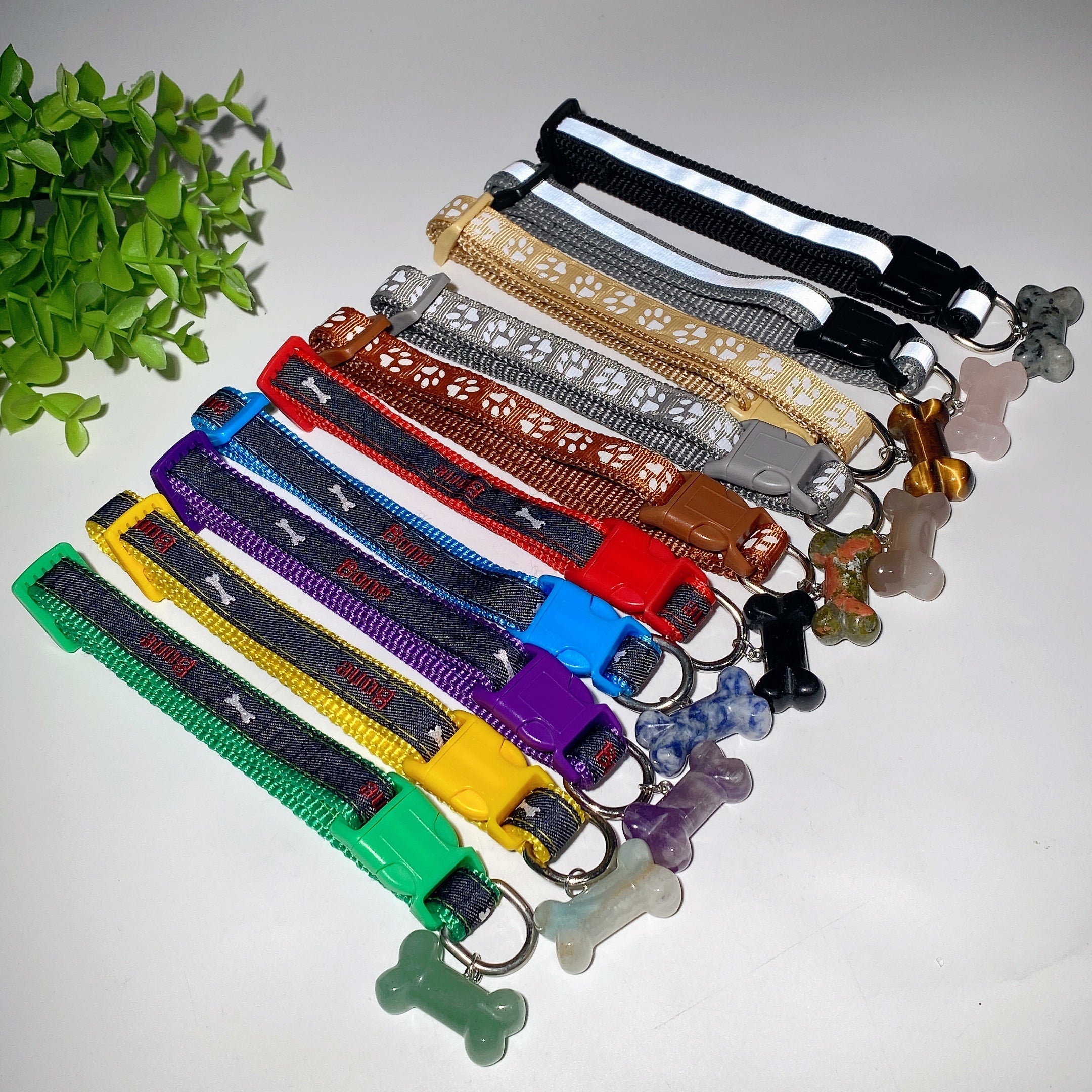 Adjustable Multicolor Dog Collar with Crystal Bone or Paw Charm