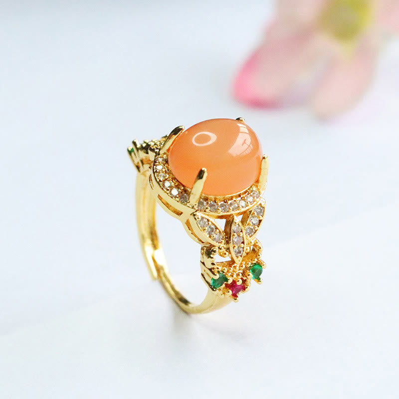 Adjustable Peach Moonstone Ring Four Leaf Flower Design | Vintage