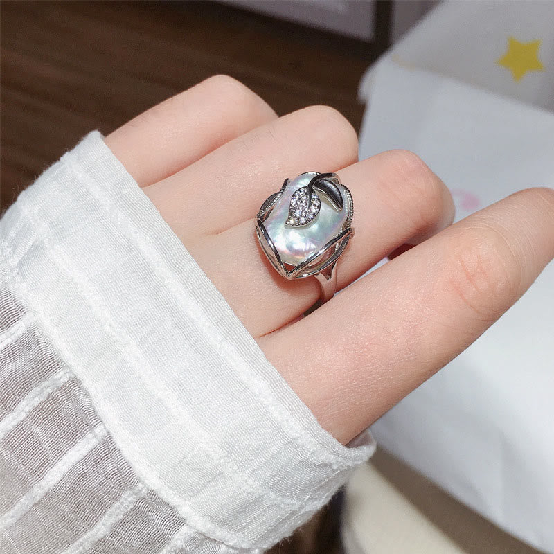 Adjustable Pearl Copper Plated Gold Flower Ring for Wealth & Happiness