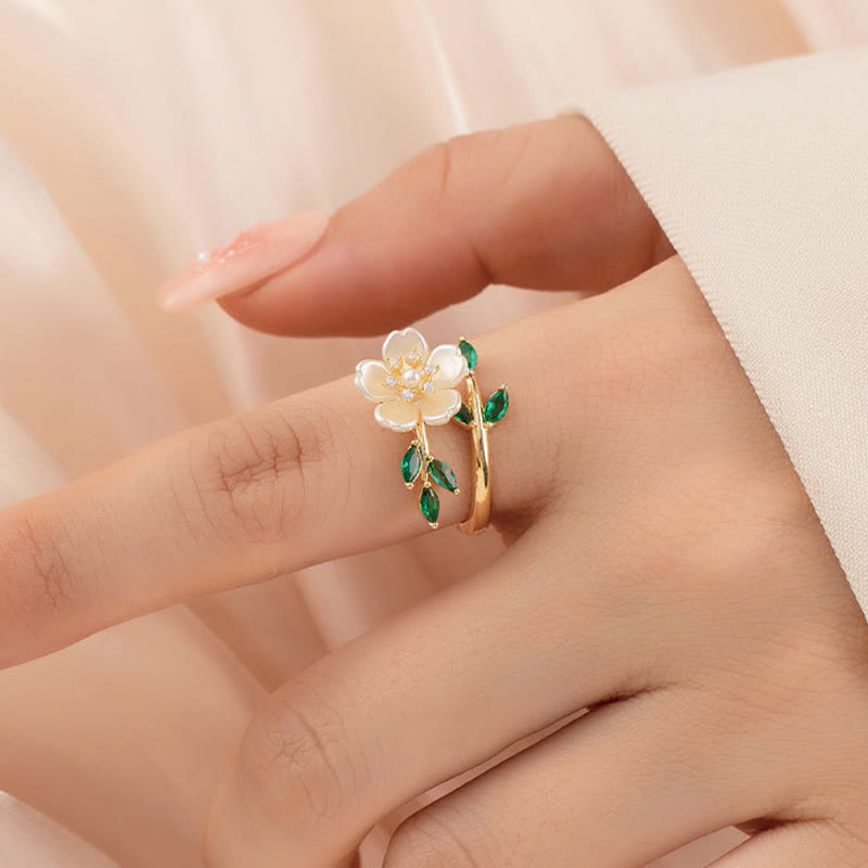 Adjustable Pearl Flower Zircon Copper Ring for Happiness & Wealth