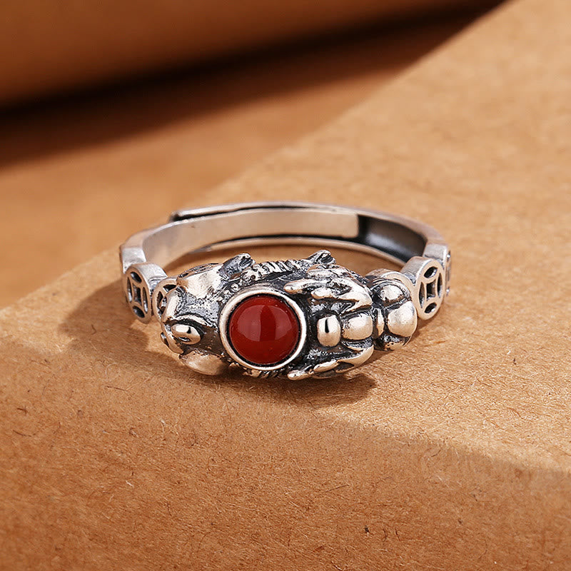 Adjustable Red Agate Pixiu Ring for Wealth and Luck