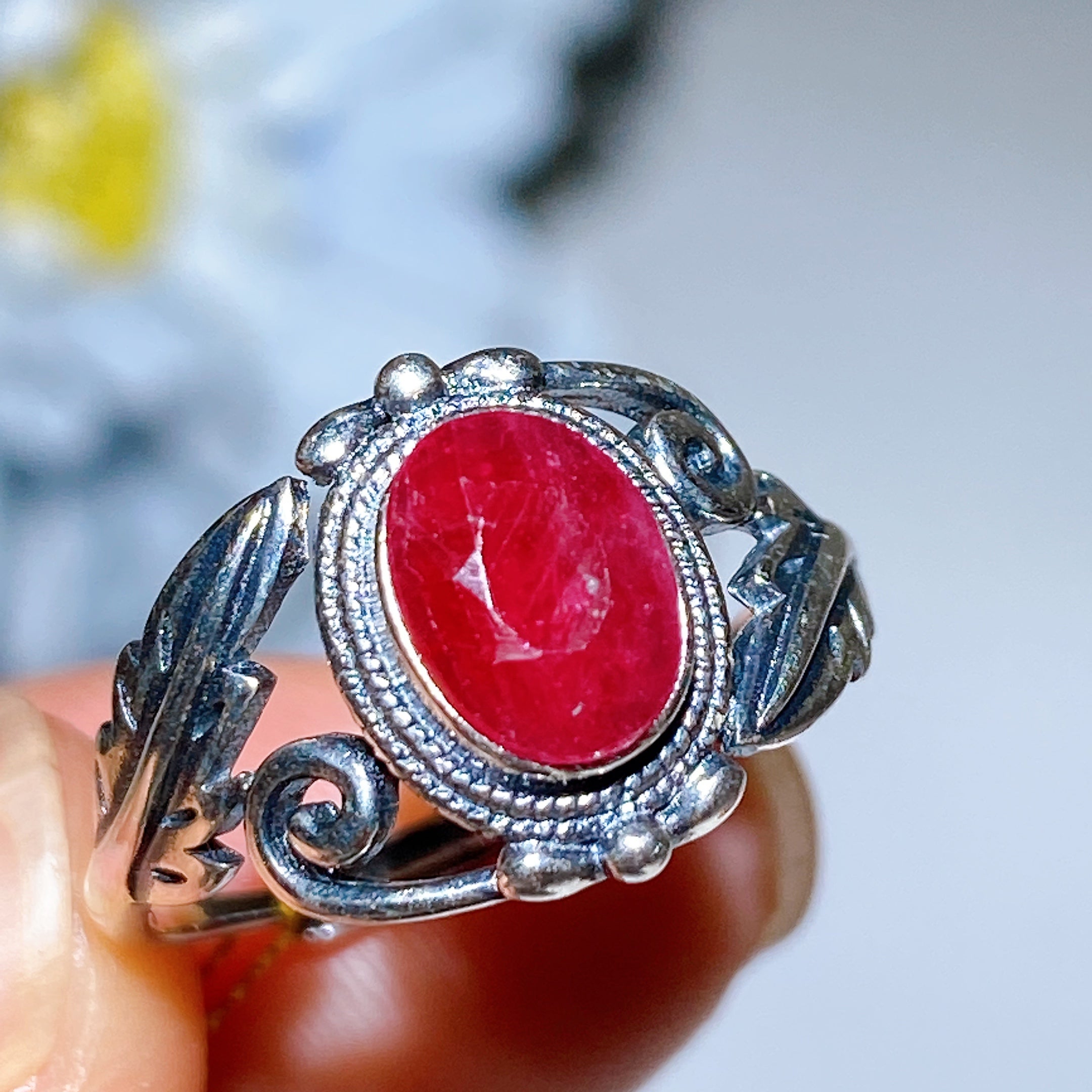 Adjustable Ruby Ring with Faceted Crystal for Healing Energy