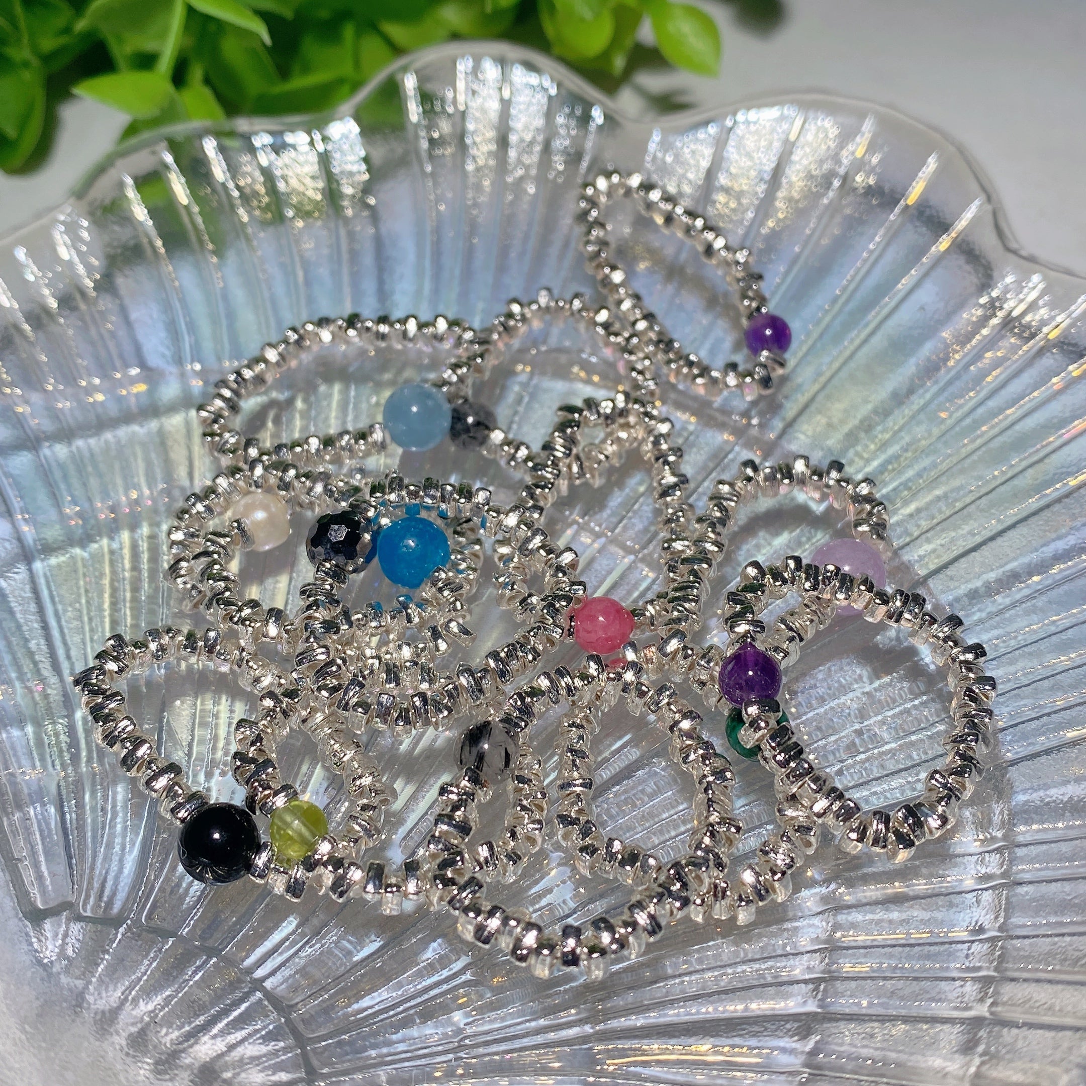 Adjustable Silver Crystal Healing Ring with Gemstone Chips