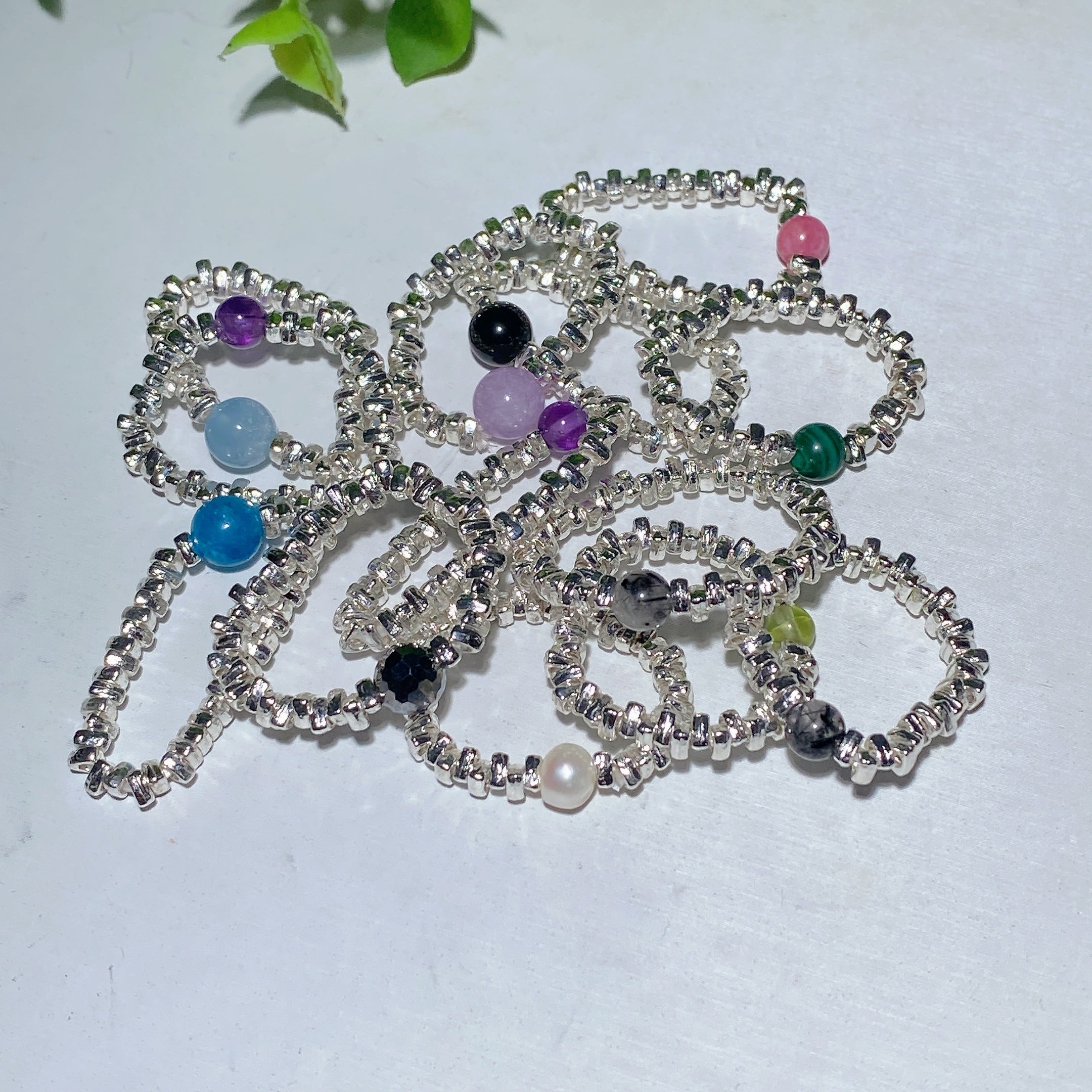 Adjustable Silver Crystal Healing Ring with Gemstone Chips
