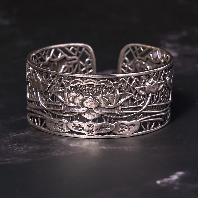 Adjustable Silver Plated Copper Lotus Bracelet Bangle