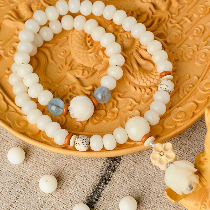Unisex Lotus Bracelet with White Jade, Bodhi Seed & Blessings