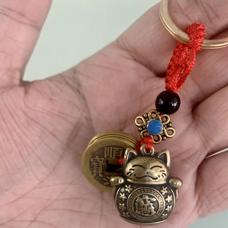 Feng Shui Five Emperor Coins Lucky Cat Wealth Keychain