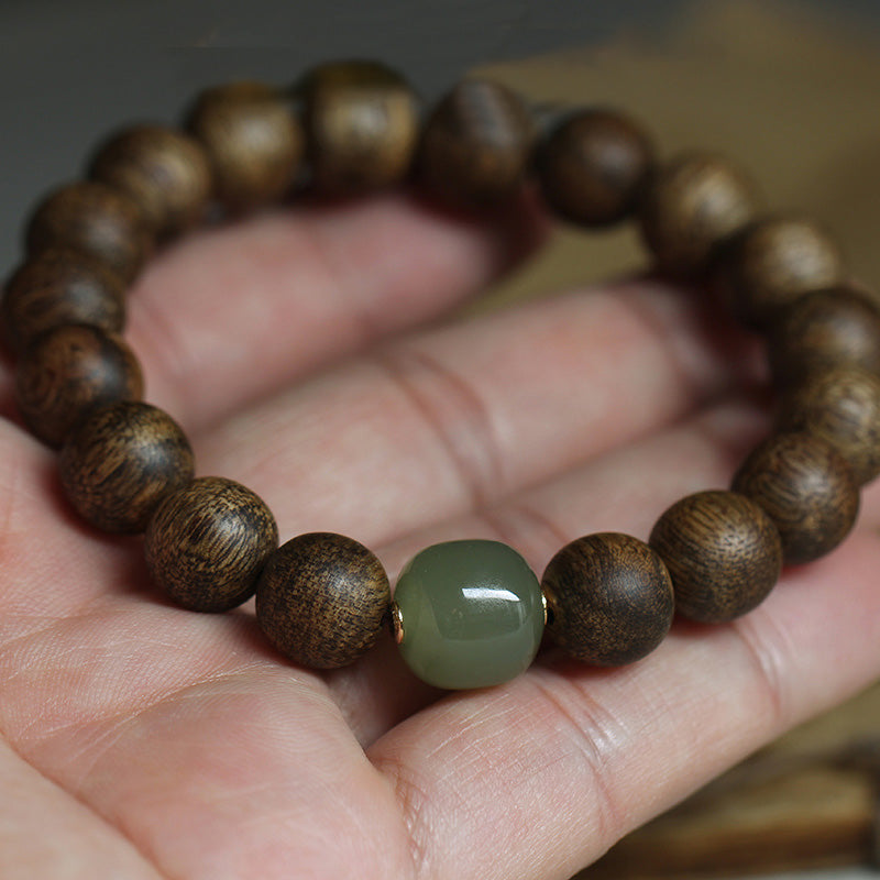 Vietnam Huang Qinan Agarwood & Hetian Jade Peace Bracelet