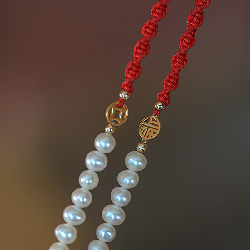 14K Gold Plated Pearl Luck Protection Red String Bracelet