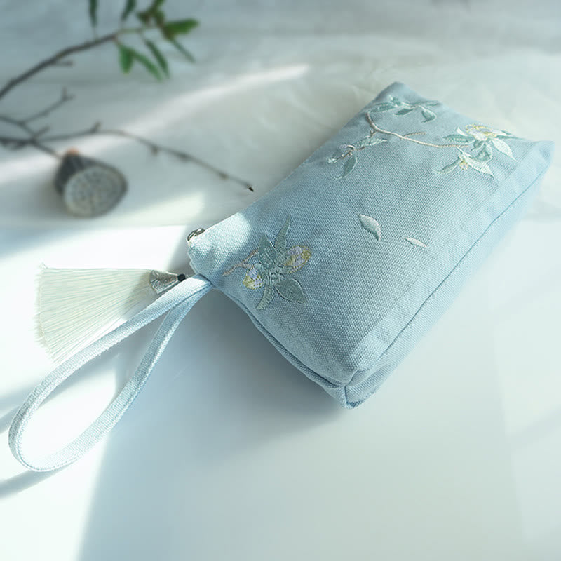 Canvas Wallet with Plum Cherry Crane Embroidery | Compact 21x13cm