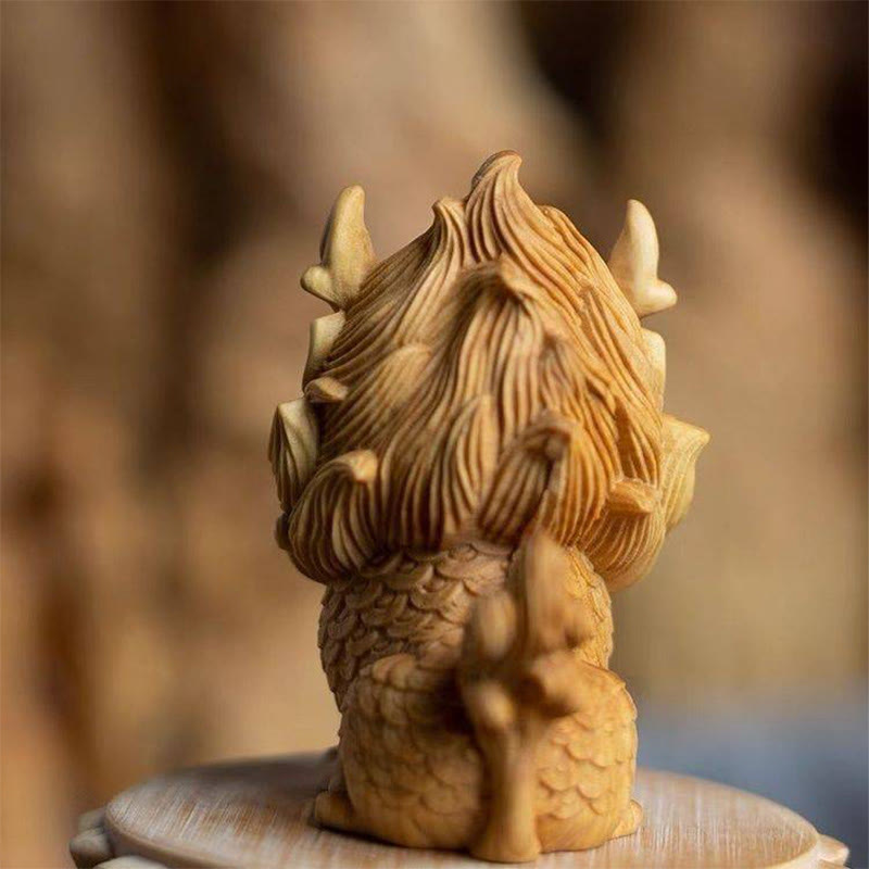Feng Shui Kirin Boxwood Wood Engraving Spiritual Statue