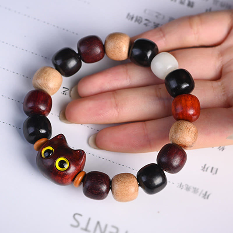 Small Leaf Red Sandalwood Protection Bracelet with Cute Cat Engraving