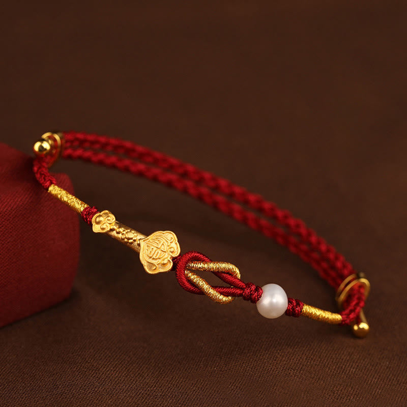 24K Gold Red String Wish Ruyi Fu Bracelet for Luck