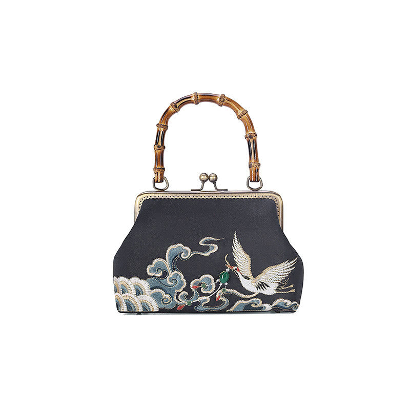 Auspicious Clouds Cranes Embroidery Bamboo Handle Handbag