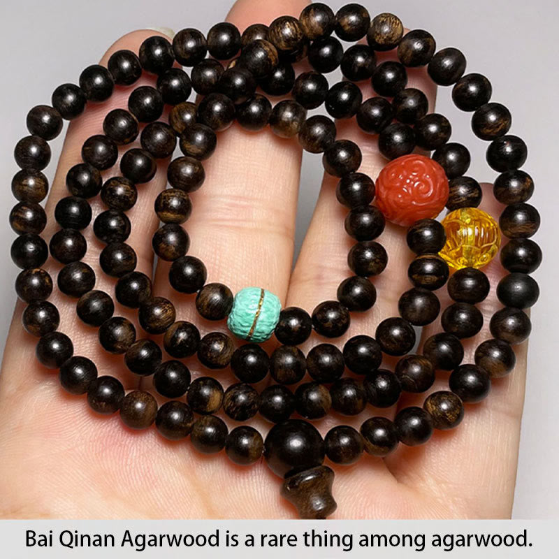 Agarwood Bracelet with Turquoise Amber & Red Agate for Strength