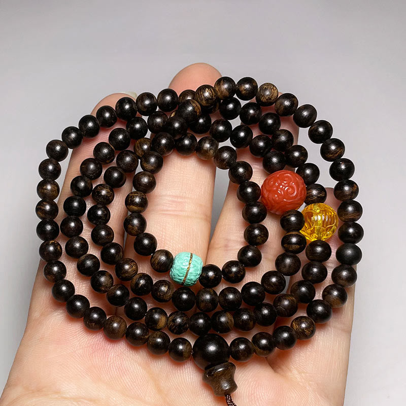 Agarwood Bracelet with Turquoise Amber & Red Agate for Strength