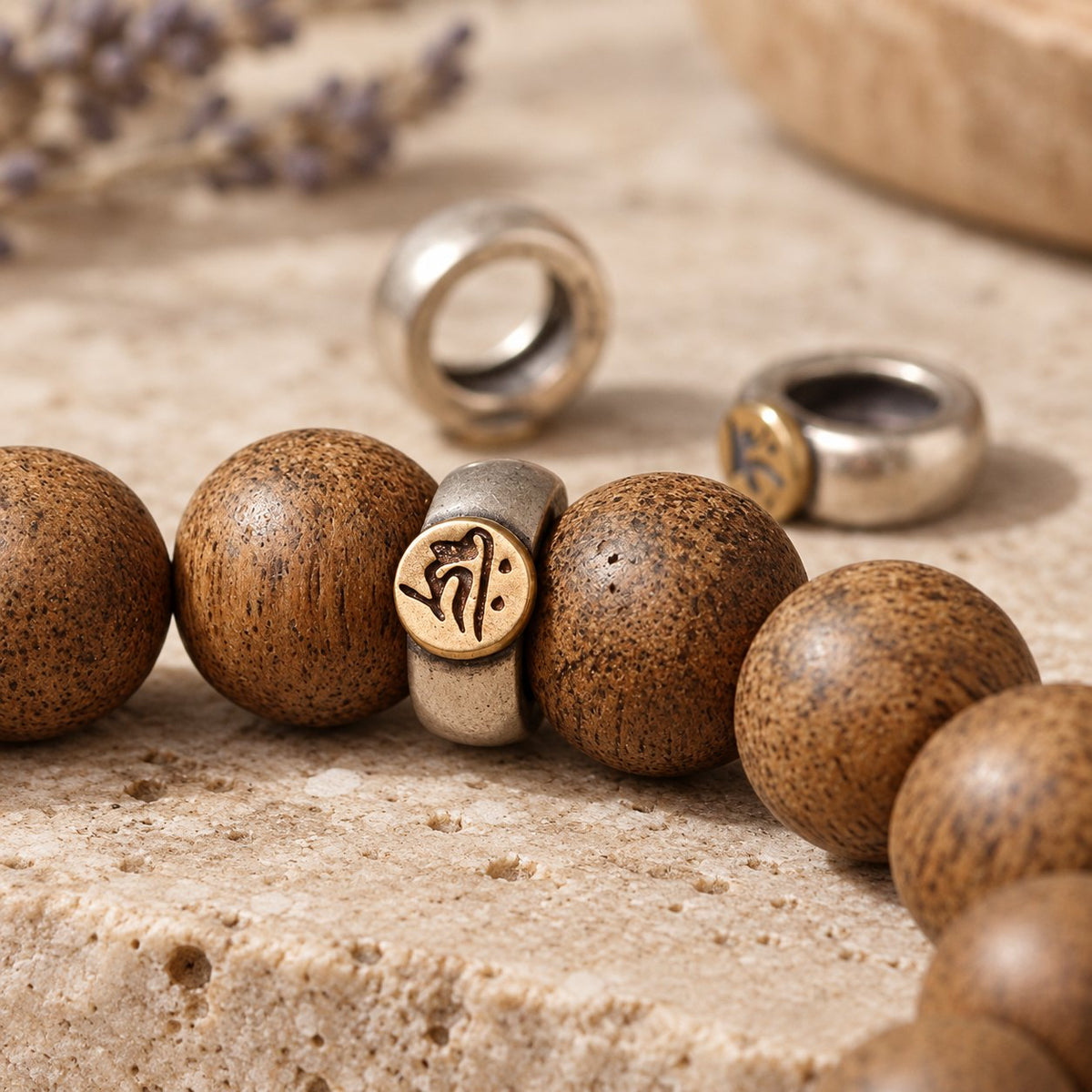 Natural Agarwood Chinese Zodiac Peace Bracelet 12mm Beads, charm close-up