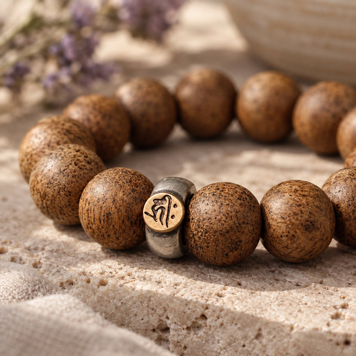 Natural Agarwood Chinese Zodiac Peace Bracelet 12mm Beads, close-up of the material and finish