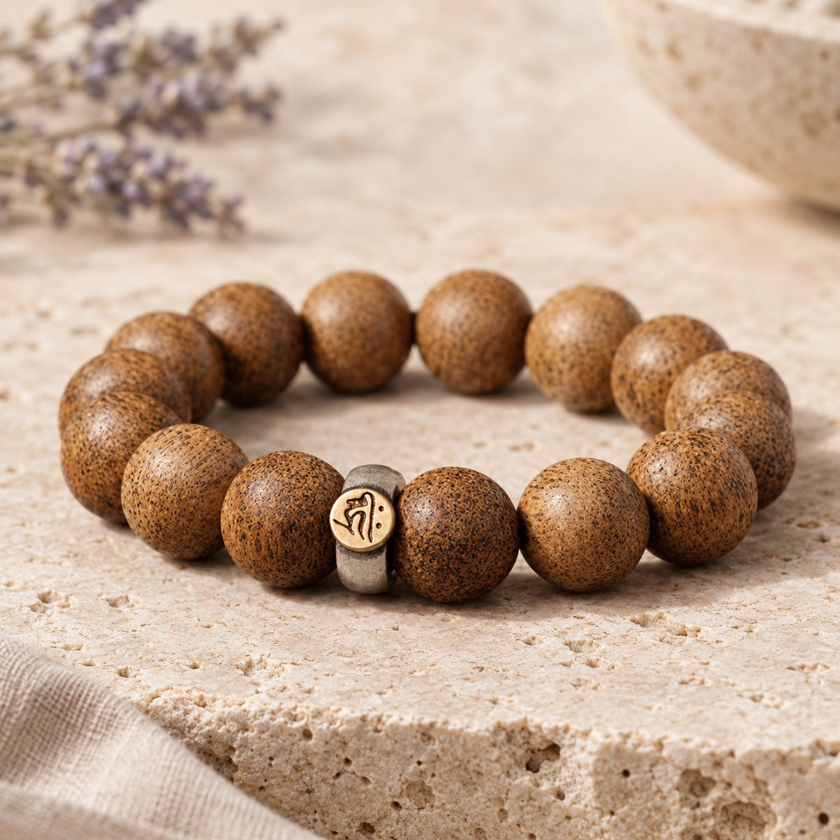 Natural Agarwood Chinese Zodiac Peace Bracelet 12mm Beads, front view