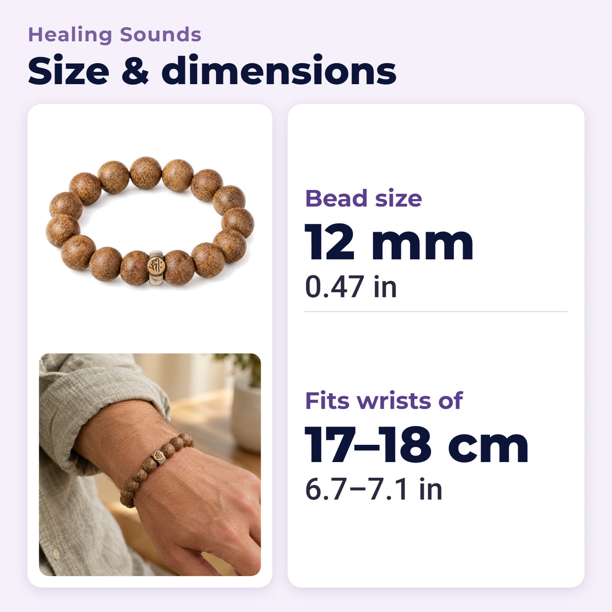 Natural Agarwood Chinese Zodiac Peace Bracelet 12mm Beads, size and dimensions in millimetres and inches