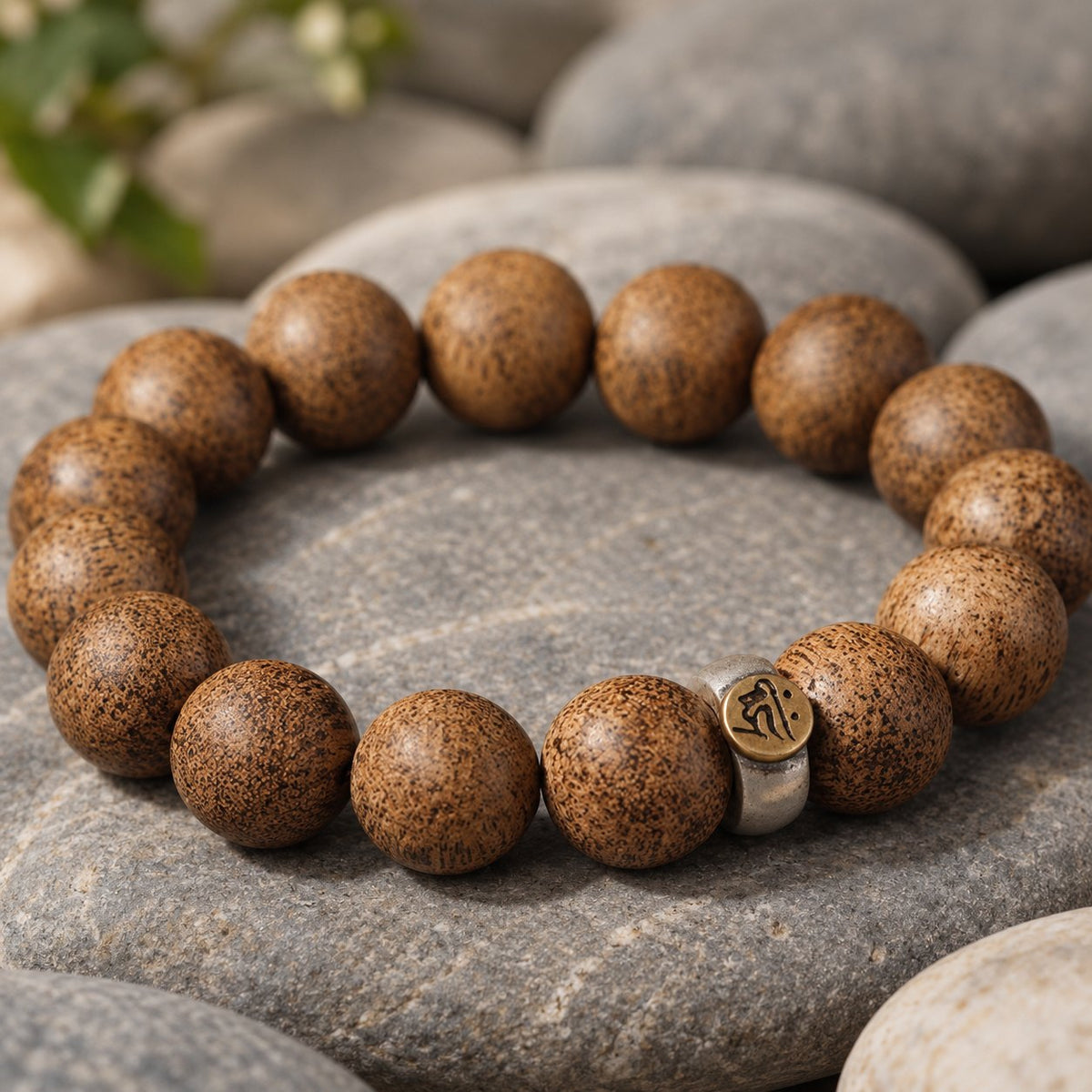 Natural Agarwood Chinese Zodiac Peace Bracelet 12mm Beads, top-down loop