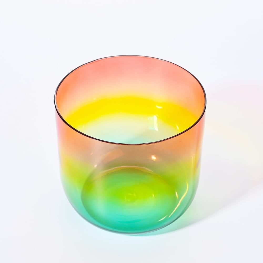 Rainbow-colored glass vessel in gradient hues for Alchemy Clear Rainbow C Note Crystal Singing Bowl