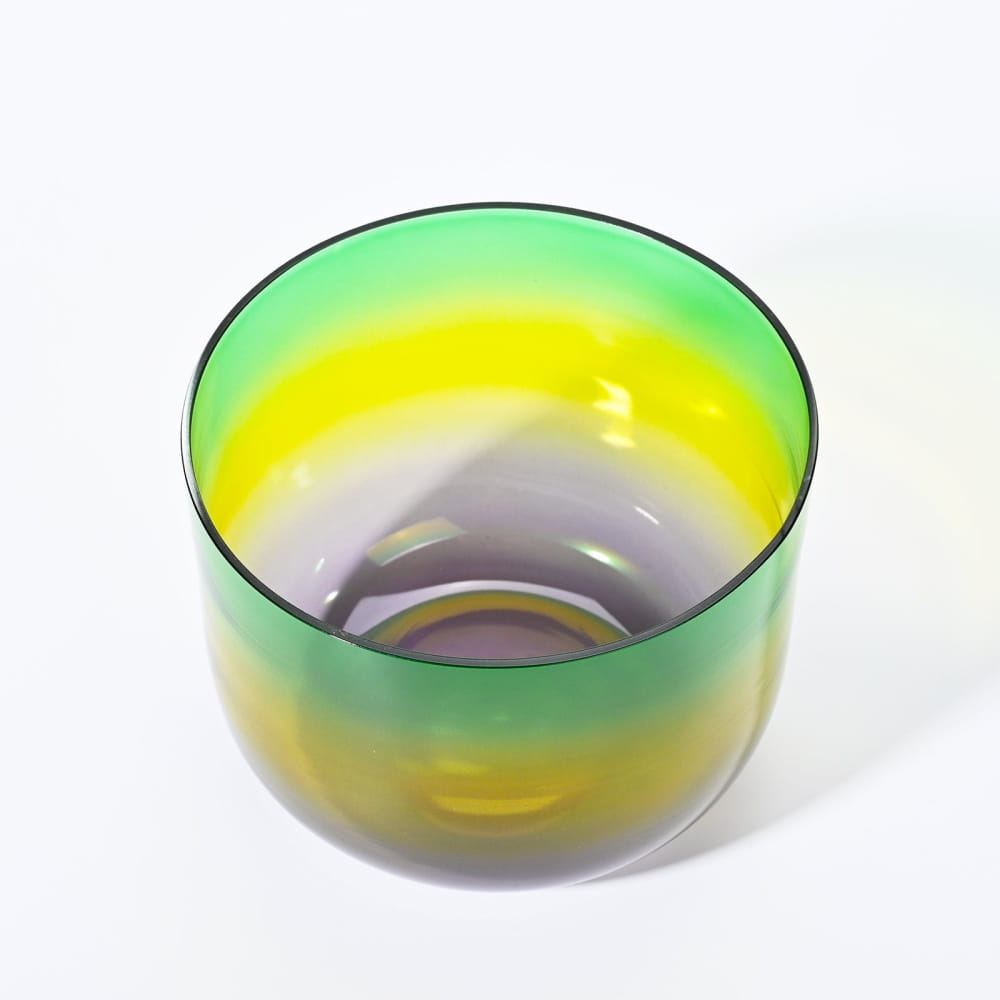 Glass bowl with green and yellow gradient in Alchemy Clear Rainbow F Note Singing Bowl